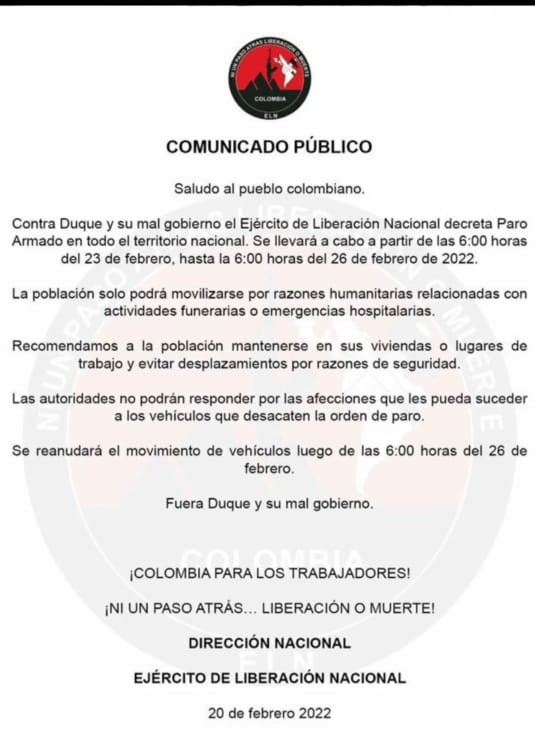 ELN anuncia “paro armado” de tres días en Colombia