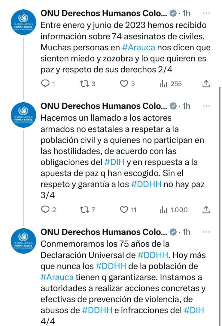 Libertad y respeto a la población civil, exigió la ONU Derechos Humanos Colombia a los actores armados en el departamento de Arauca