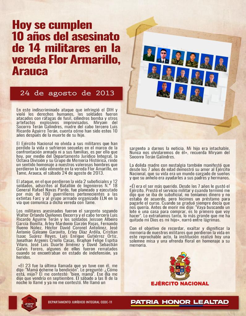 Hoy se cumplen 10 años del ataque indiscriminado donde  perdieron la vida 14 militares  en la vereda Flor Armarillo, Arauca
