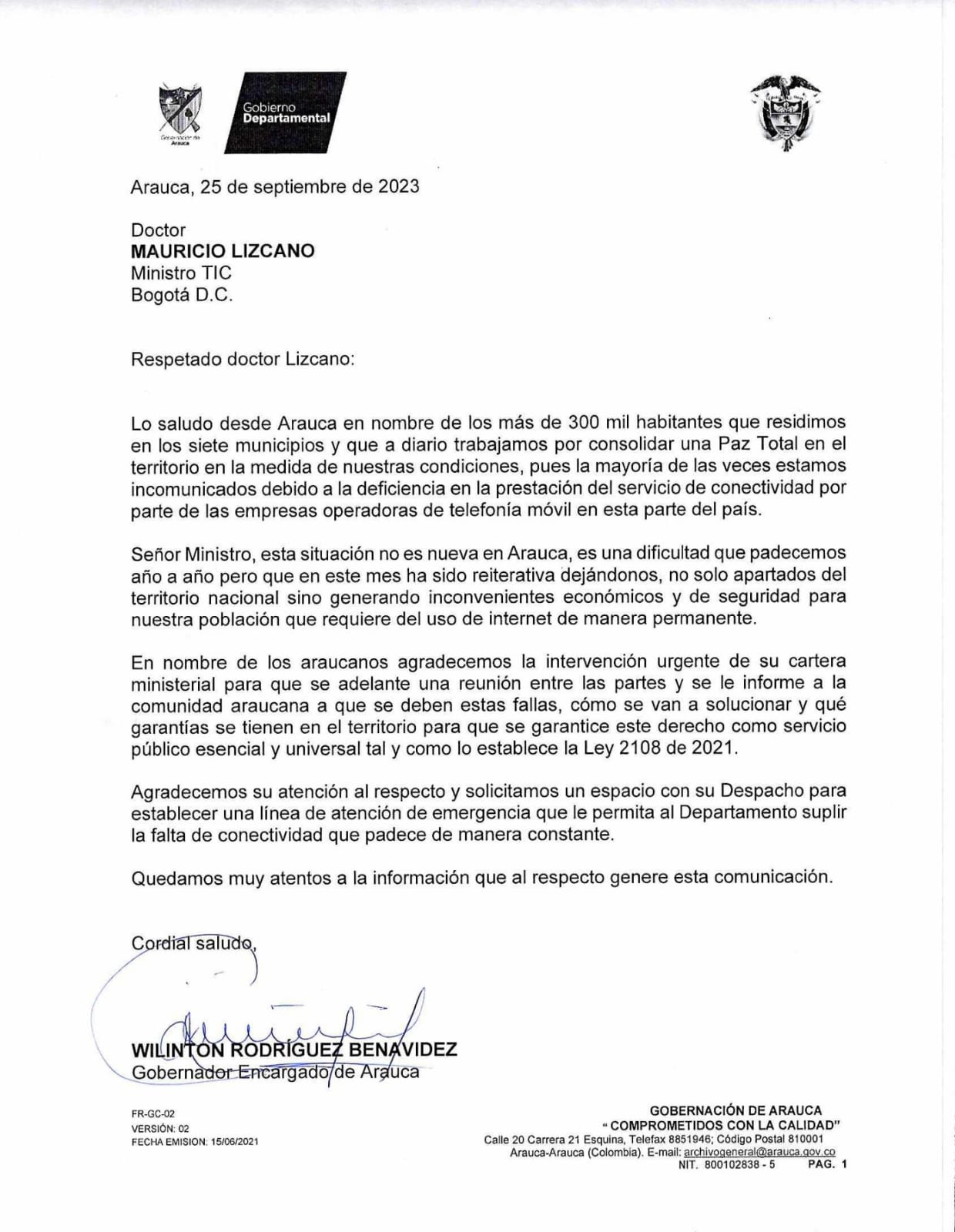 Gobernador de Arauca exige intervención del Gobierno Nacional para superar incomunicación por daño en fibra óptica  