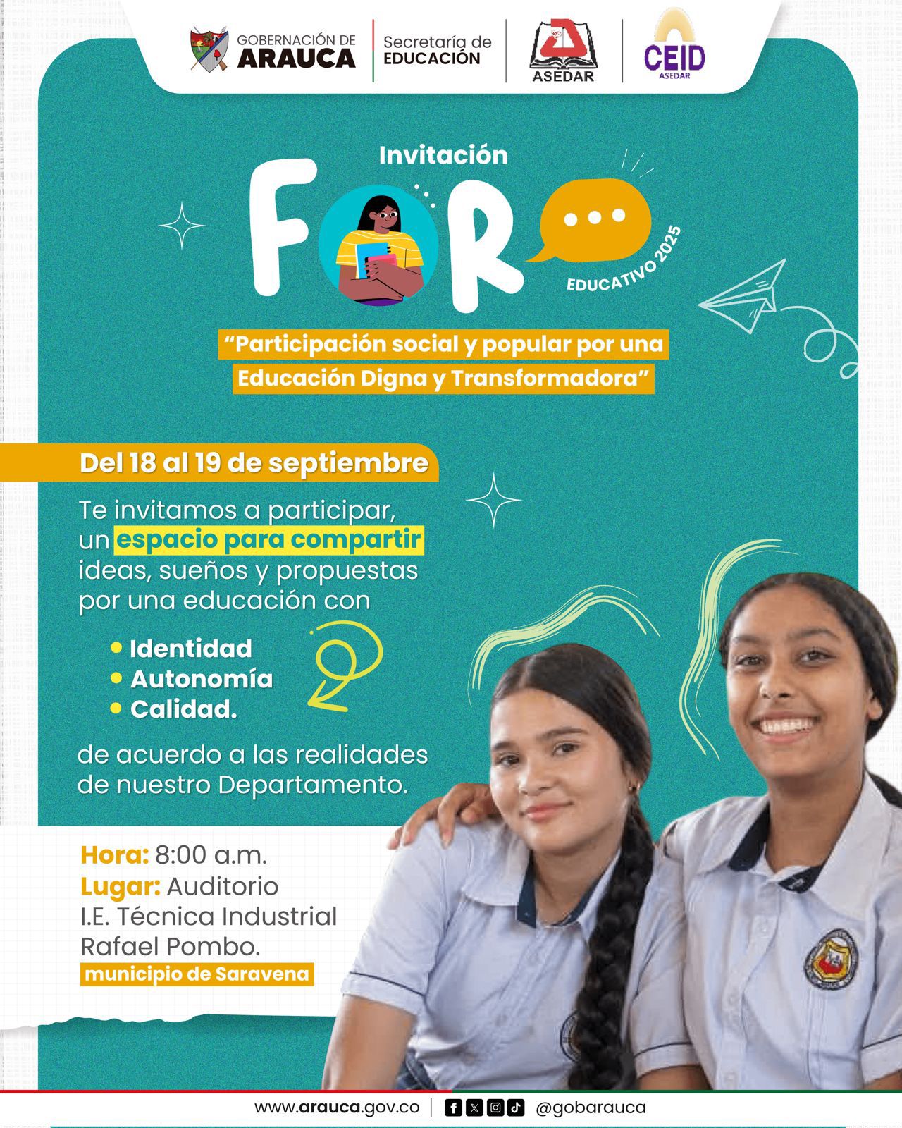 Foro Educativo Departamental 2025 se realizará el 18 y 19 de septiembre en Saravena