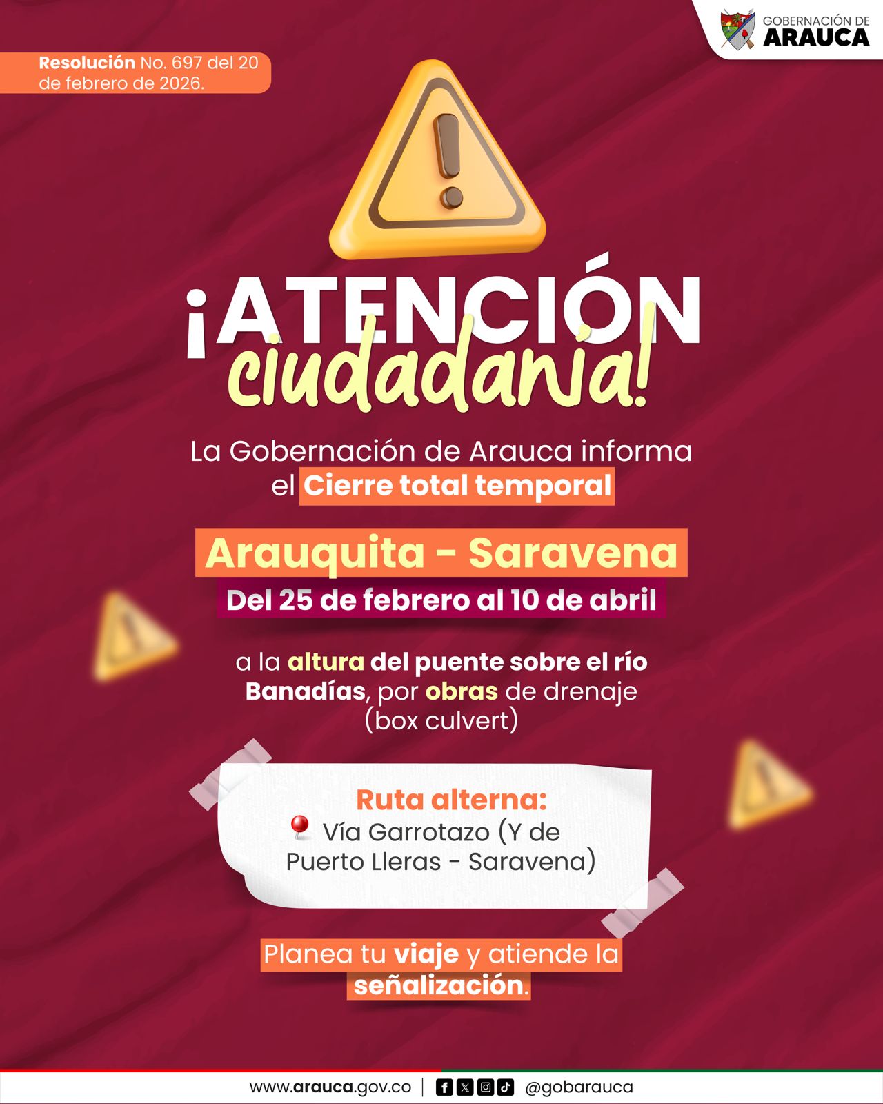 Obras en el río Banadías obligan al cierre total de la vía Arauquita – Saravena