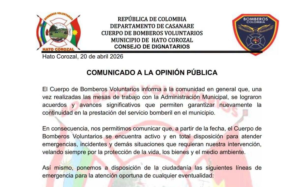 Bomberos de Hato Corozal reactivan servicio tras acuerdos con la Alcaldía