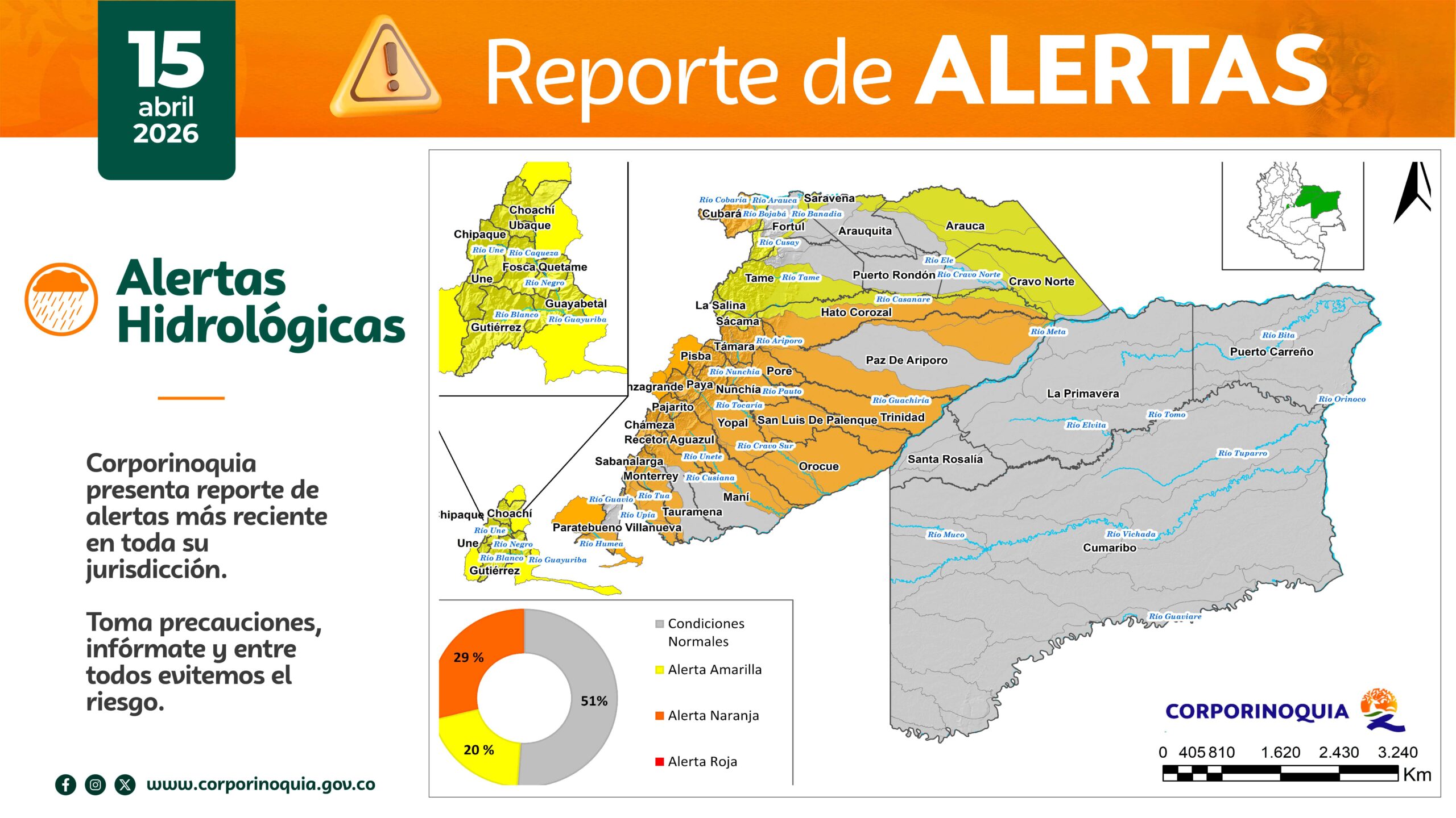 Corporinoquia informa incremento en los niveles de riesgo hidrológicos y por deslizamientos en la jurisdicción