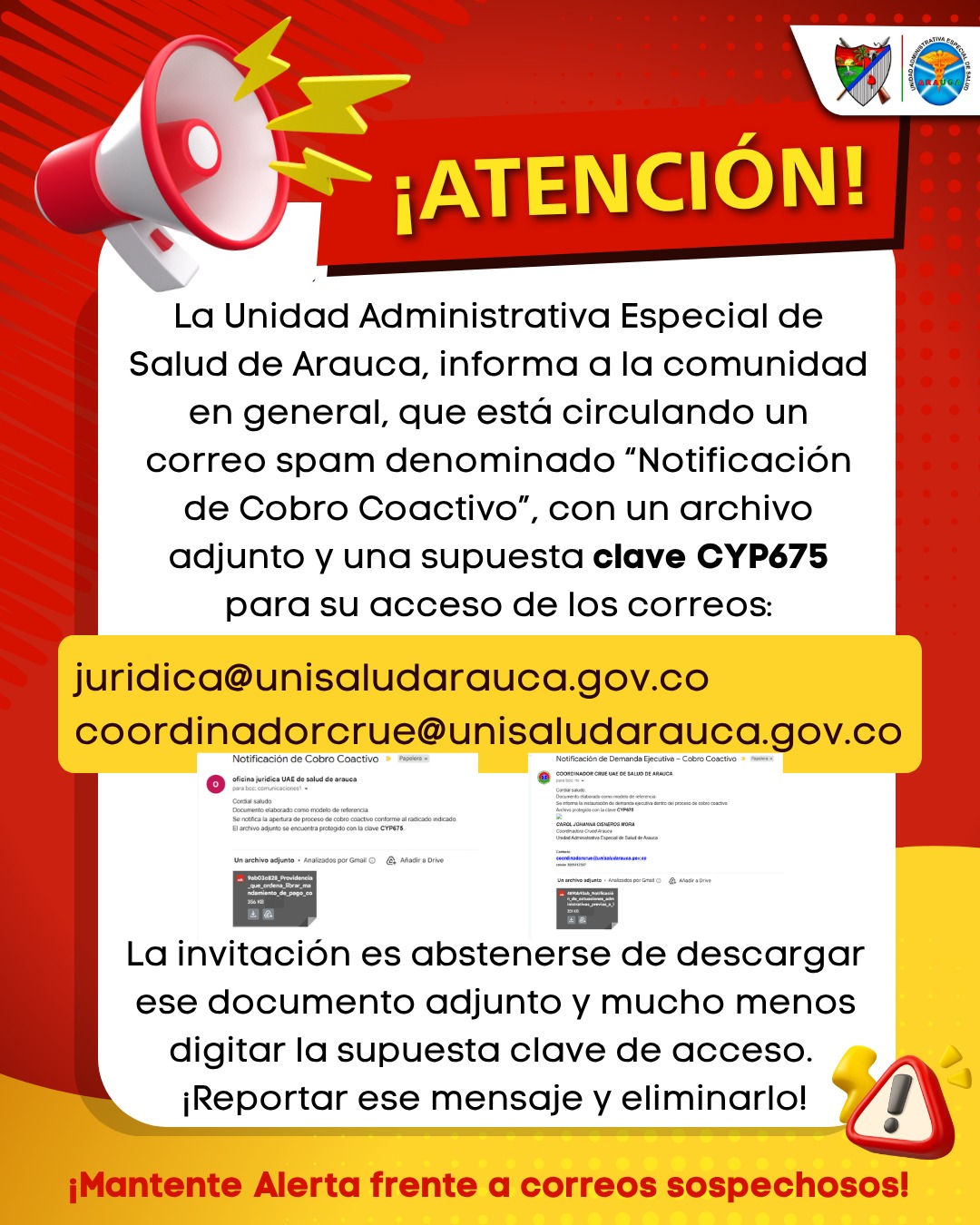 Unidad de Salud alerta por correos falsos que circulan en Arauca con supuestos cobros coactivos Unidad de Salud alerta por correos falsos que circulan en Arauca con supuestos cobros coactivos