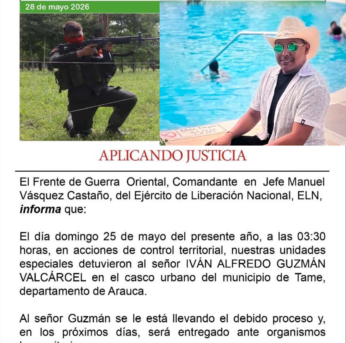 ELN difunde comunicado sobre secuestro de Ivan Guzmán ELN difunde comunicado sobre secuestro de Ivan Guzmán