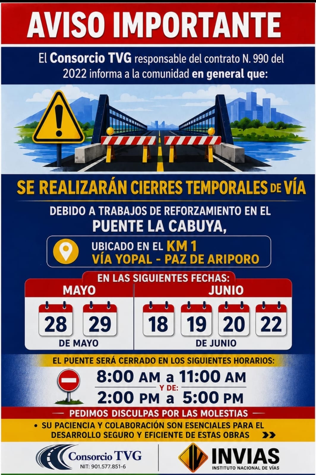 Anuncian cierres temporales en el puente La Cabuya sobre la vía Yopal – Paz de Ariporo